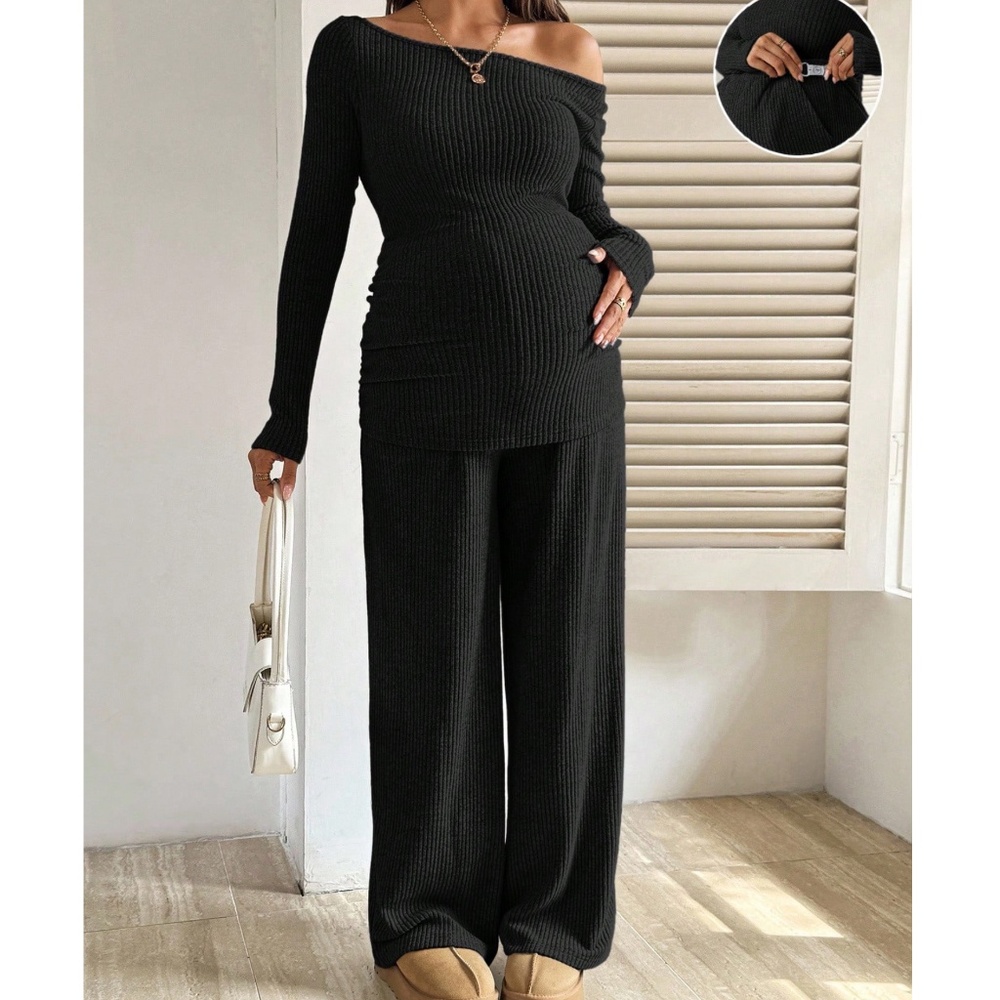 Maternity Wide Scoop Neck Ribbed Long Sleeve Top Wide Leg Pants Set